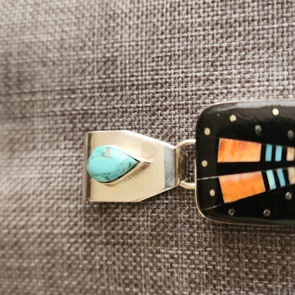 Amazing Handmade Native American Navajo Inlaid Pendant by Ray Jack 💙🖤🩵 - Picture 3 of 16